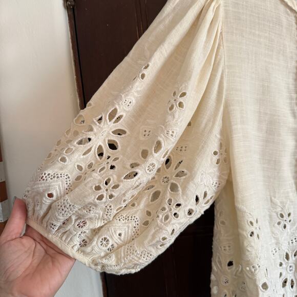 Cream Linen Blend Eyelet Blouson Shirt Scalloped Hem, lace trim | Medium - Picture 2 of 8